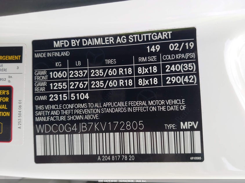 VIN WDC0G4JB7KV172805 2019 MERCEDES-BENZ GLC 300