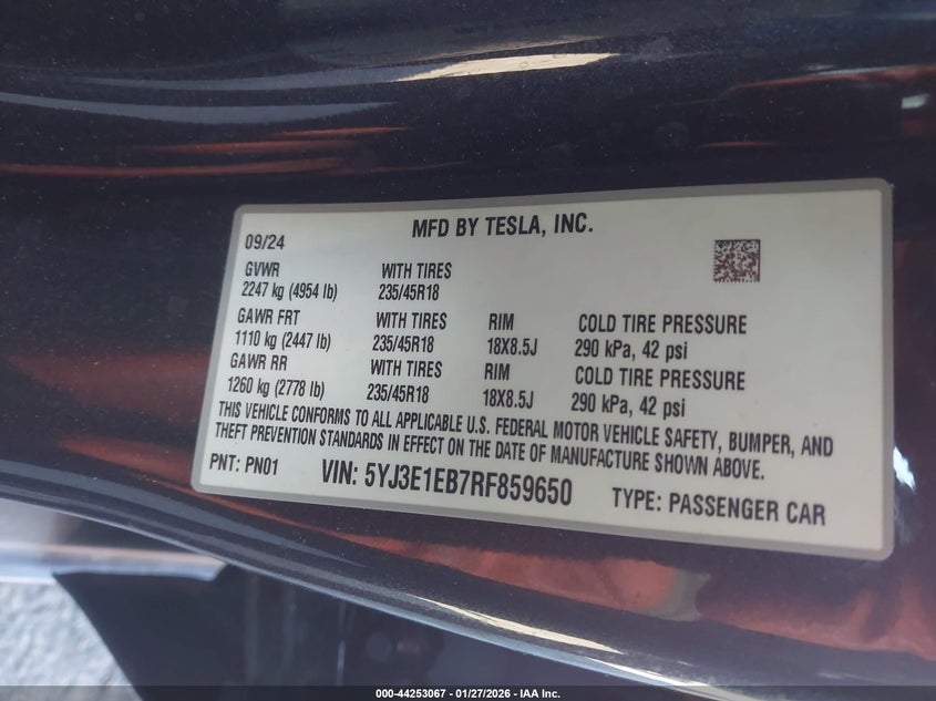 VIN 5YJ3E1EB7RF859650 2024 TESLA MODEL 3 LONG RANGE DUAL MOTOR ALL-WHEEL DRIVE