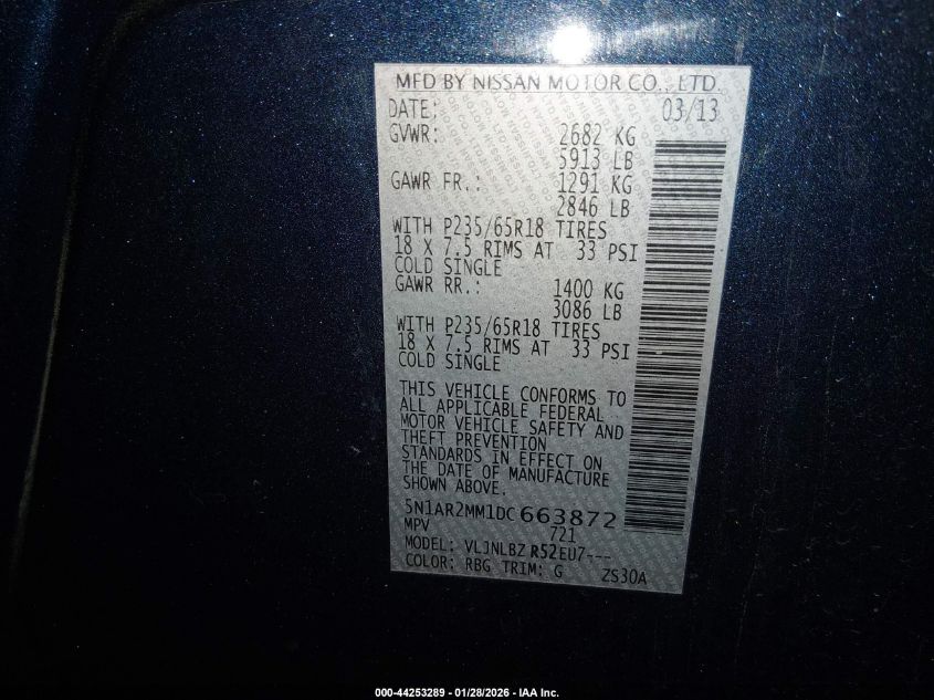 2013 Nissan Pathfinder S VIN: 5N1AR2MM1DC663872 Lot: 44253289