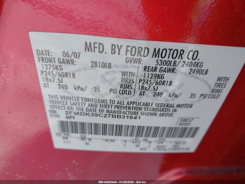 2007 Ford Edge Sel Plus VIN: 2FMDK39C27BB31641 Lot: 44253444