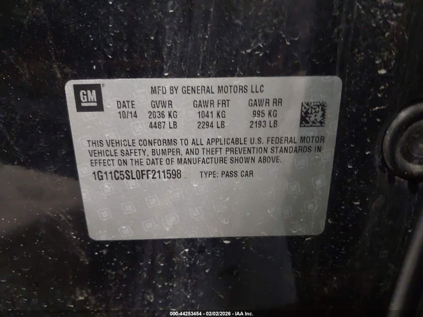 2015 Chevrolet Malibu 1Lt VIN: 1G11C5SL0FF211598 Lot: 44253454