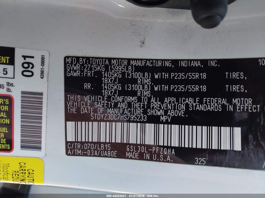 VIN 5TDYZ3DC7HS795233 2017 TOYOTA SIENNA LIMITED 7 PASSENGER
