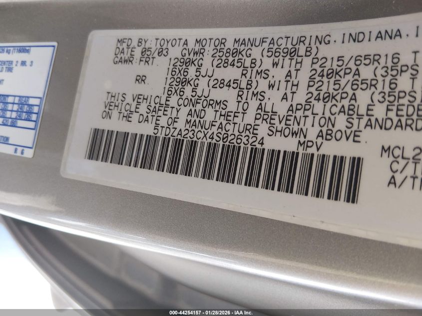 2004 Toyota Sienna Le VIN: 5TDZA23CX4S026324 Lot: 44254157