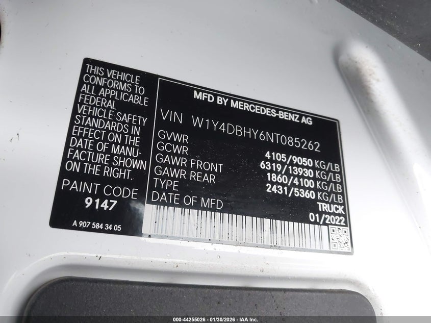 2022 Mercedes-Benz Sprinter 2500 Standard Roof I4 Diesel VIN: W1Y4DBHY6NT085262 Lot: 44255026