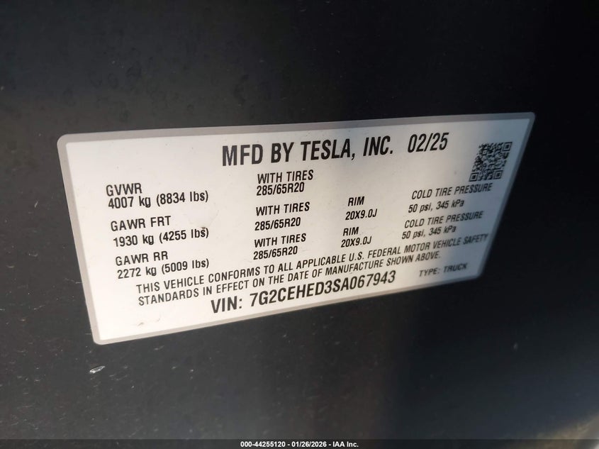 2025 Tesla Cybertruck VIN: 7G2CEHED3SA067943 Lot: 44255120