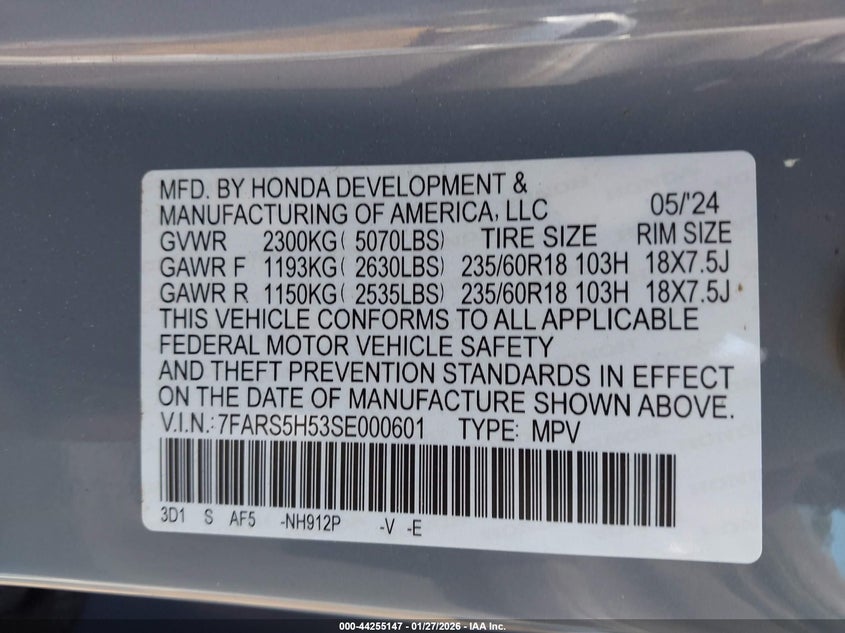 VIN 7FARS5H53SE000601 2025 HONDA CR-V HYBRID SPORT