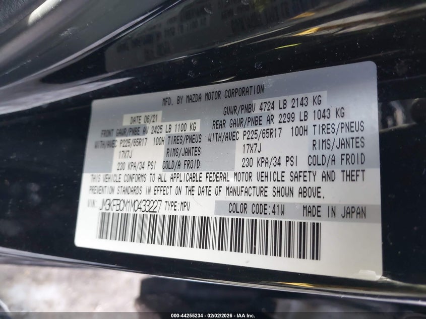 2021 MAZDA CX-5 2.5L I-4 DI, DOHC, V(VIN: JM3KFBCM1M0433227