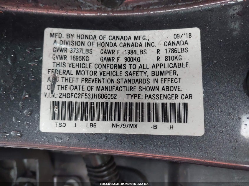 2018 Honda Civic Lx VIN: 2HGFC2F53JH606052 Lot: 44255450