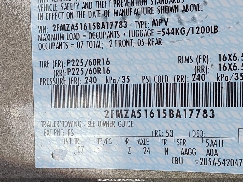 2005 Ford Freestar Se VIN: 2FMZA51615BA17783 Lot: 44255555