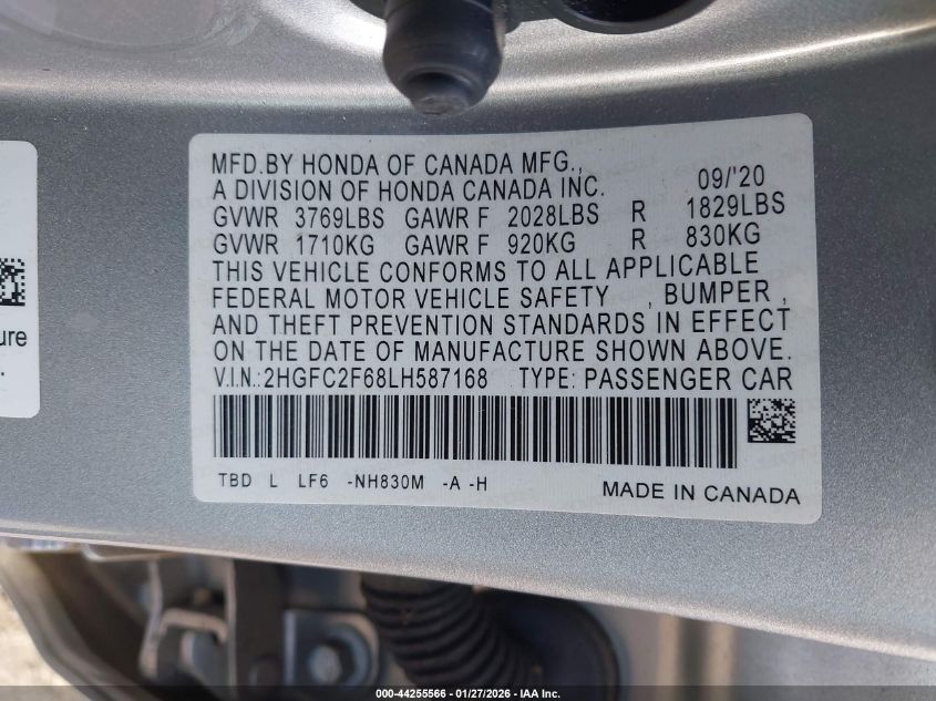 2020 Honda Civic Lx VIN: 2HGFC2F68LH587168 Lot: 44255566