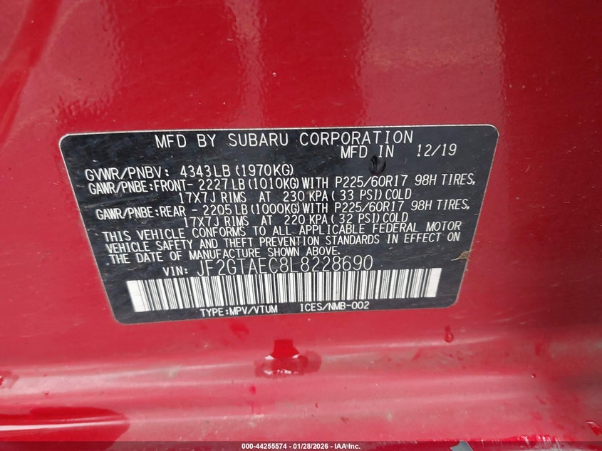 2020 SUBARU XV SPORT UTILITY VEHICLE 2.0L H-4 DI, DOHC, VVT, 152HP