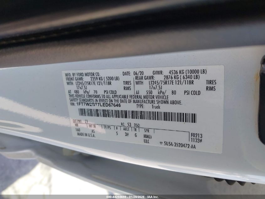 2020 Ford F-250 Xl VIN: 1FT7W2BT7LED67646 Lot: 44255659