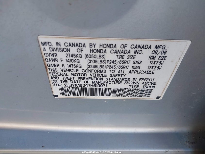 2007 Honda Ridgeline Rt VIN: 2HJYK16247H519971 Lot: 44255714