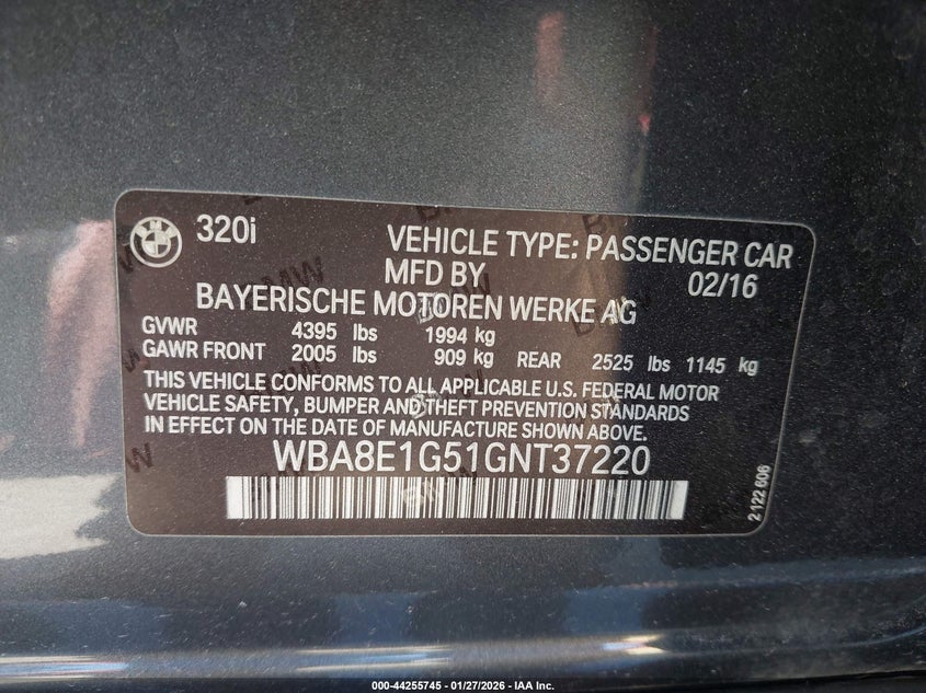 2016 BMW 320I VIN: WBA8E1G51GNT37220 Lot: 44255745