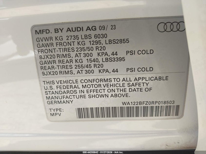2024 Audi Q4 Sportback E-Tron Premium 50 Quattro VIN: WA122BFZ0RP018503 Lot: 44255842
