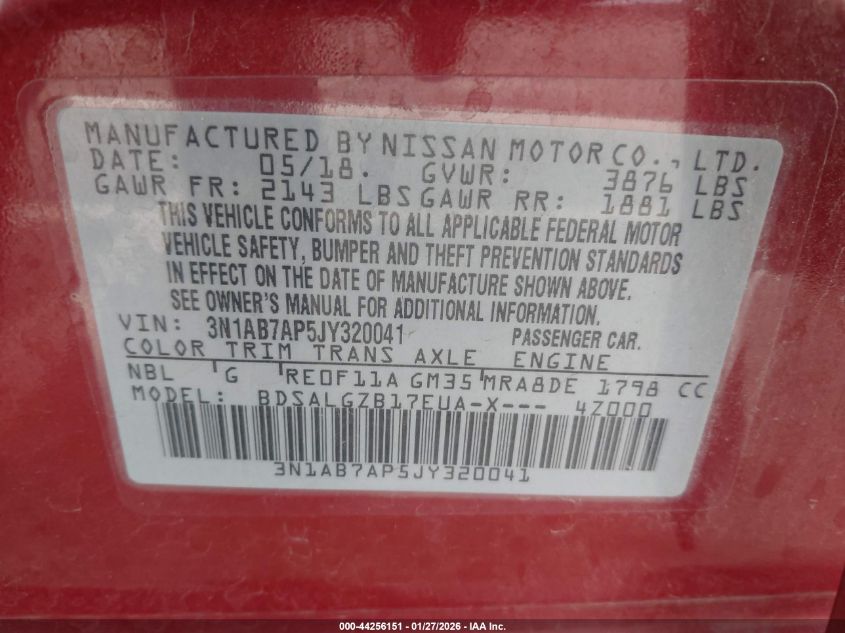 2018 Nissan Sentra Sl VIN: 3N1AB7AP5JY320041 Lot: 44256151