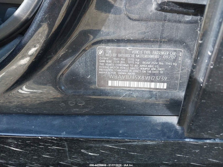 2008 BMW 335I VIN: WBAVB735X8VH23739 Lot: 44256659