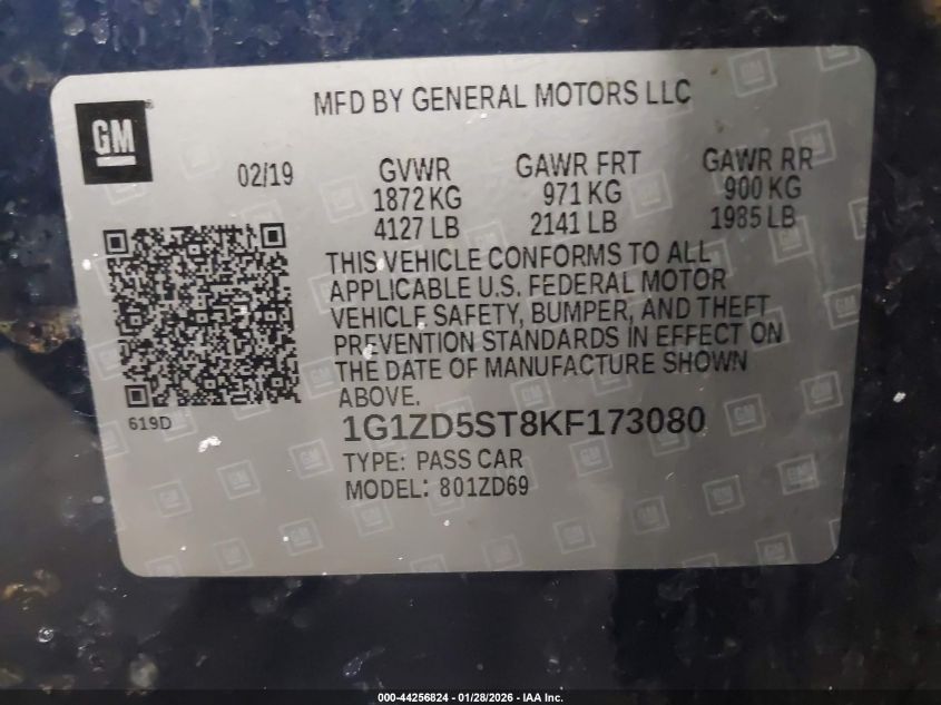 2019 Chevrolet Malibu Lt VIN: 1G1ZD5ST8KF173080 Lot: 44256824