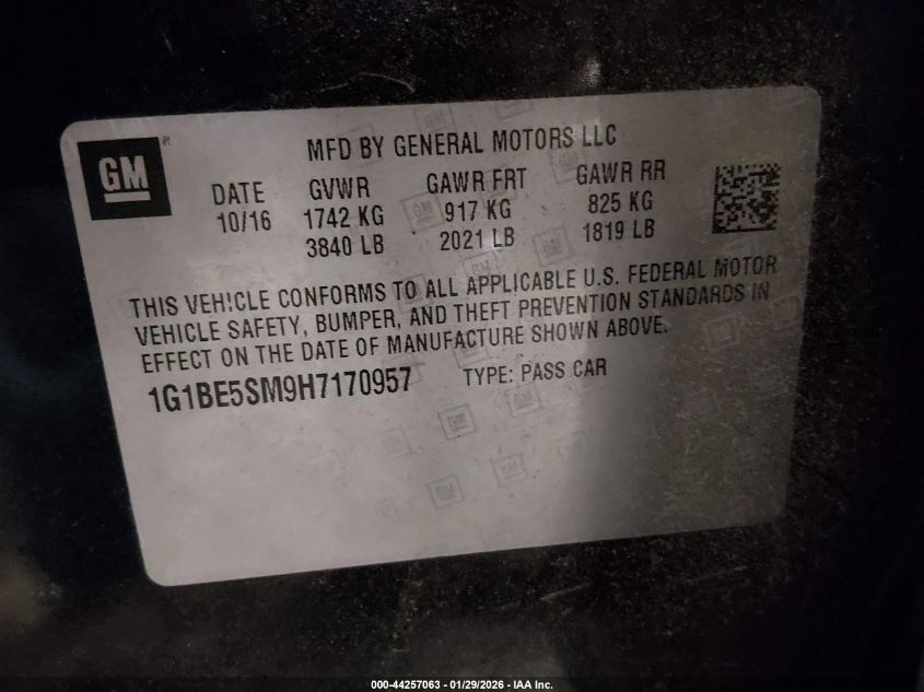 2017 Chevrolet Cruze Lt Auto VIN: 1G1BE5SM9H7170957 Lot: 44257063