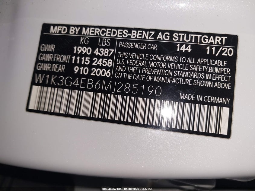2021 Mercedes-Benz A 220 VIN: W1K3G4EB6MJ285190 Lot: 44257135