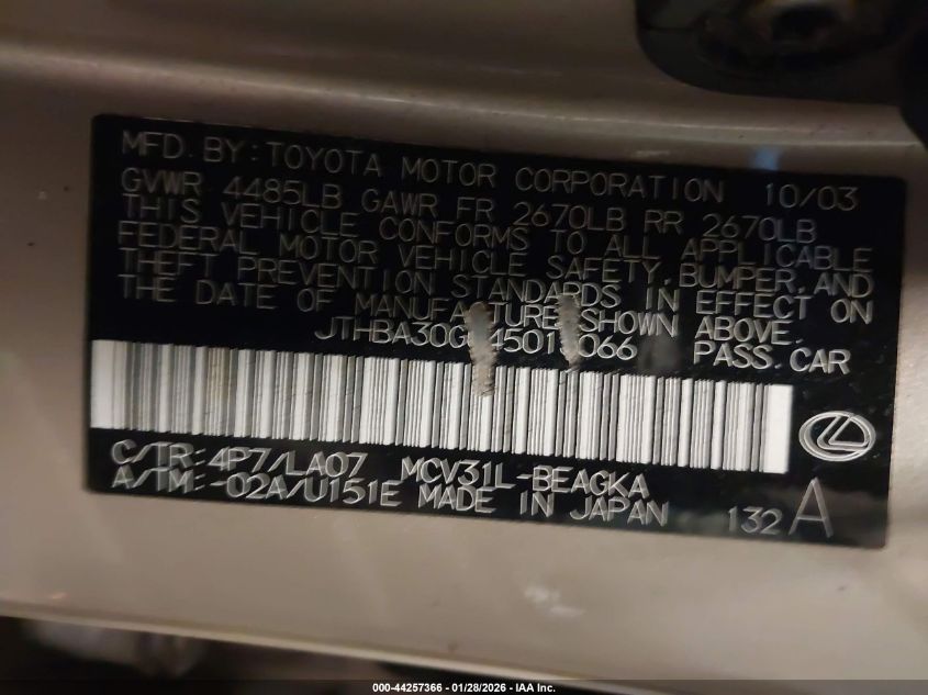 2004 Lexus Es 330 VIN: JTHBA30G045013066 Lot: 44257366