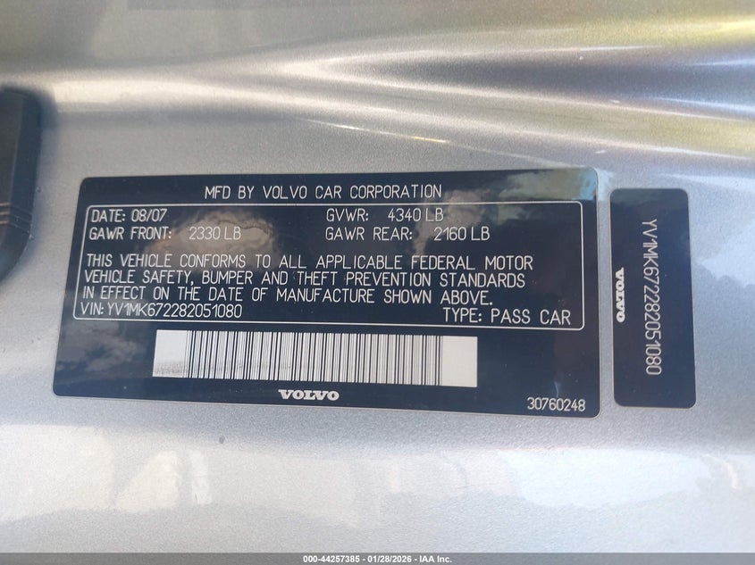 2008 Volvo C30 T5 R-Design/T5 Version 1.0/T5 Version 2.0 VIN: YV1MK672282051080 Lot: 44257385