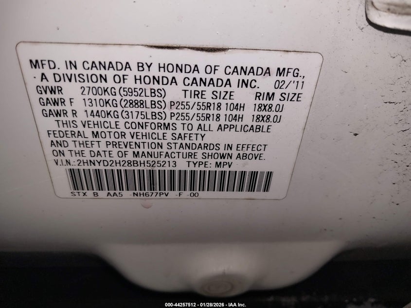 2011 Acura Mdx VIN: 2HNYD2H28BH525213 Lot: 44257512