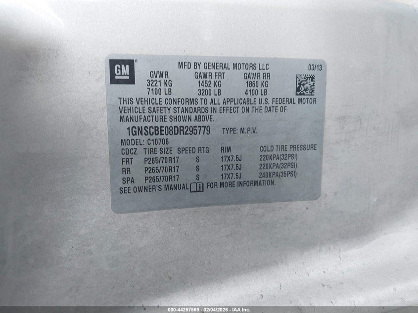 2013 Chevrolet Tahoe Lt VIN: 1GNSCBE08DR295779 Lot: 44257569