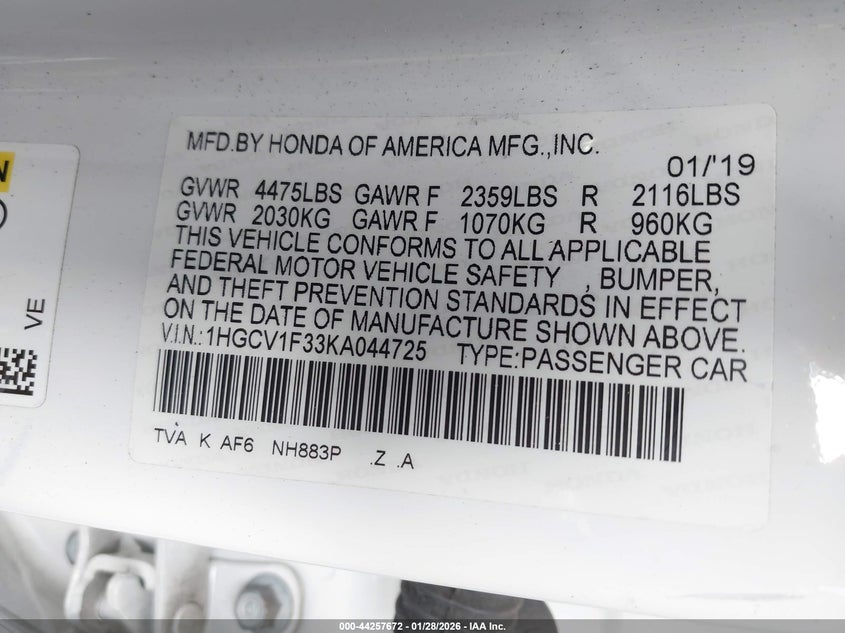 VIN 1HGCV1F33KA044725 2019 HONDA ACCORD SPORT