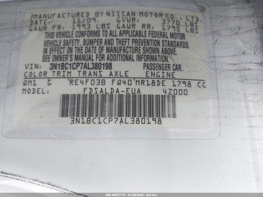 2010 Nissan Versa 1.8S VIN: 3N1BC1CP7AL380198 Lot: 44257715