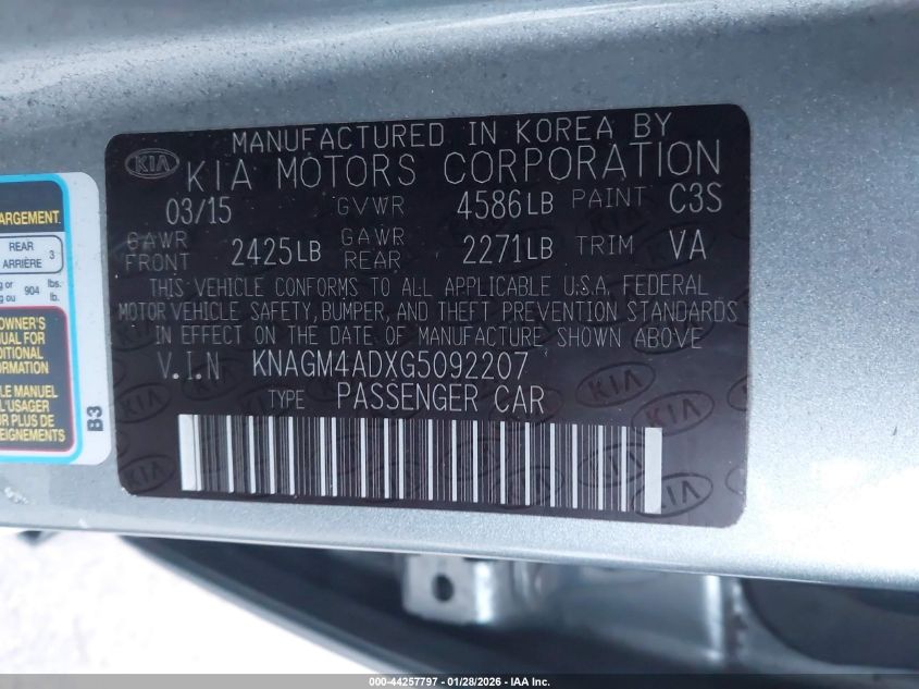 2016 Kia Optima Hybrid VIN: KNAGM4ADXG5092207 Lot: 44257797