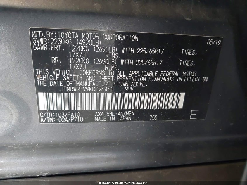 VIN JTMRWRFV9KD026461 2019 TOYOTA RAV4 HYBRID XLE