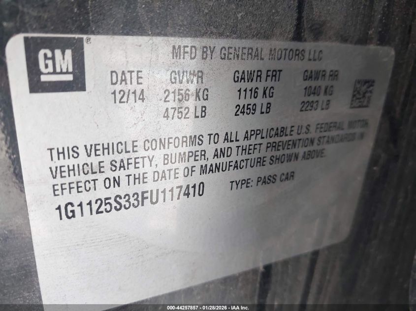 2015 Chevrolet Impala 2Lt VIN: 1G1125S33FU117410 Lot: 44257857