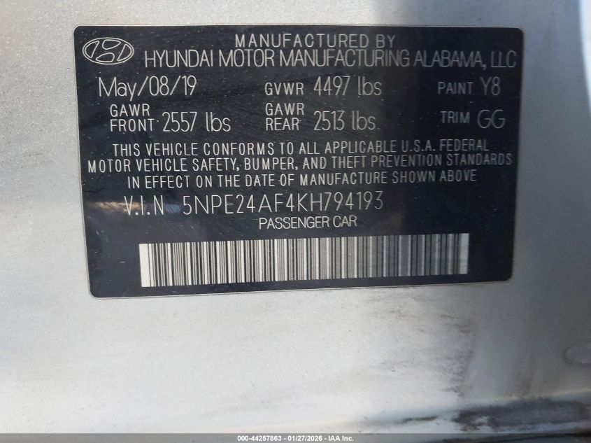 2019 Hyundai Sonata Se VIN: 5NPE24AF4KH794193 Lot: 44257863