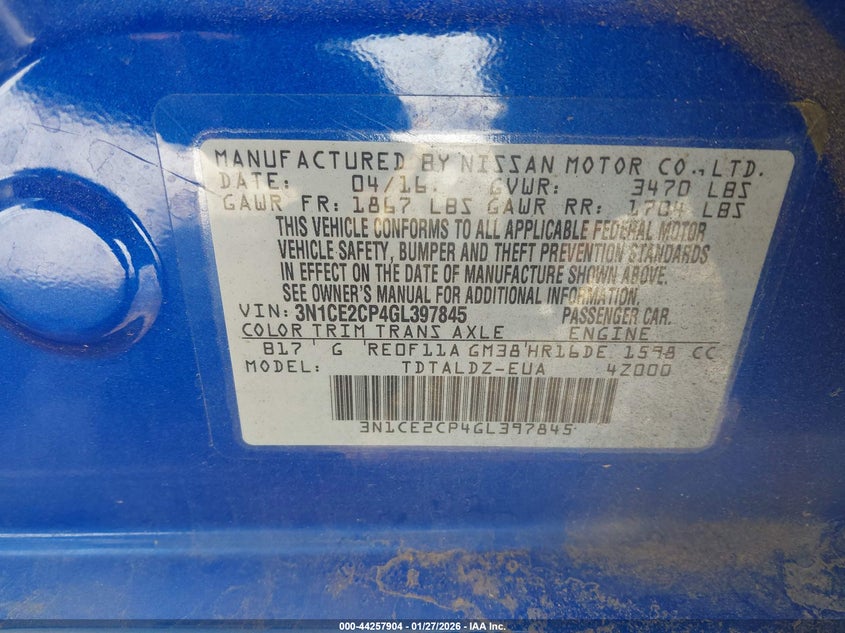 2016 Nissan Versa Note S (Sr)/S Plus/Sl/Sr/Sv VIN: 3N1CE2CP4GL397845 Lot: 44257904