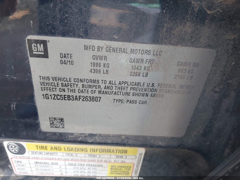 2010 Chevrolet Malibu Lt VIN: 1G1ZC5EB3AF263807 Lot: 44258089