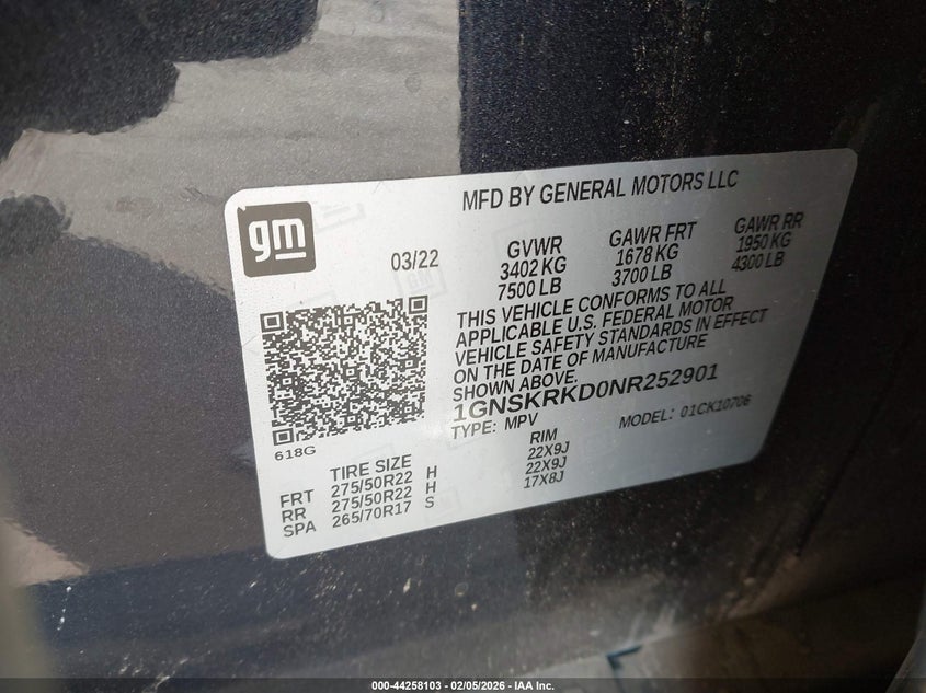 2022 Chevrolet Tahoe 4Wd Rst VIN: 1GNSKRKD0NR252901 Lot: 44258103