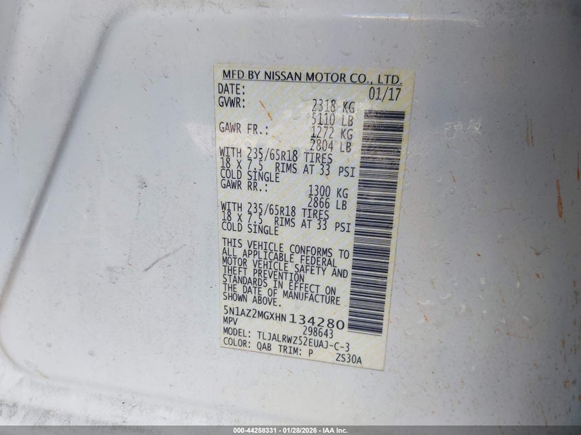 2017 Nissan Murano Sl VIN: 5N1AZ2MGXHN134280 Lot: 44258331