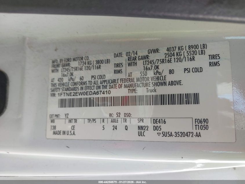 2014 Ford E-250 Commercial VIN: 1FTNE2EW0EDA67410 Lot: 44258579