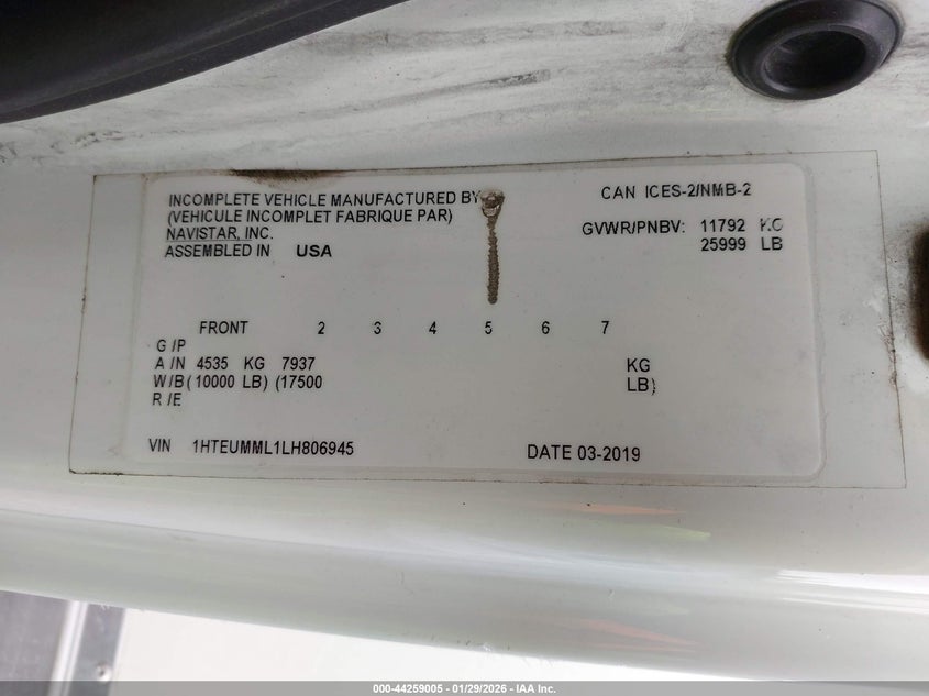 2020 International Mv white Lot 111044259005 Vin 1HTEUMML1LH806945