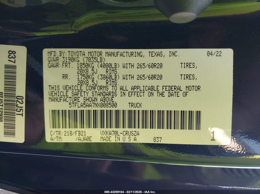 2022 Toyota Tundra Sr5 VIN: 5TFLA5AA7NX008500 Lot: 44259104