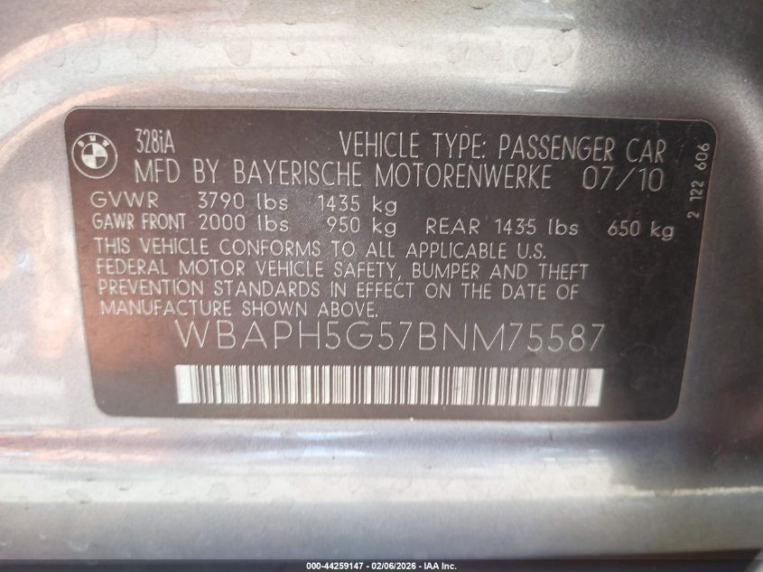 2011 BMW 328I VIN: WBAPH5G57BNM75587 Lot: 44259147