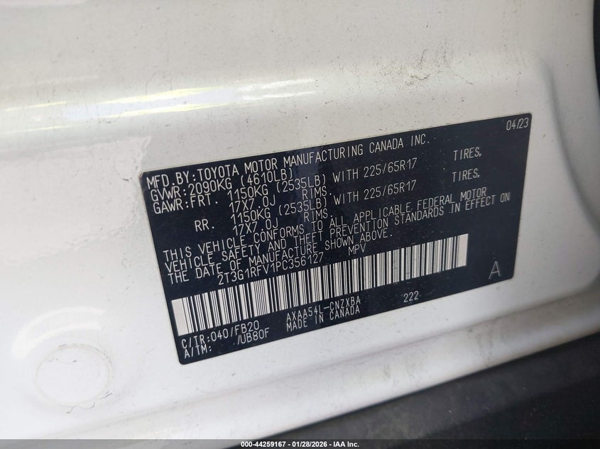 VIN 2T3G1RFV1PC356127 2023 TOYOTA RAV4 LE