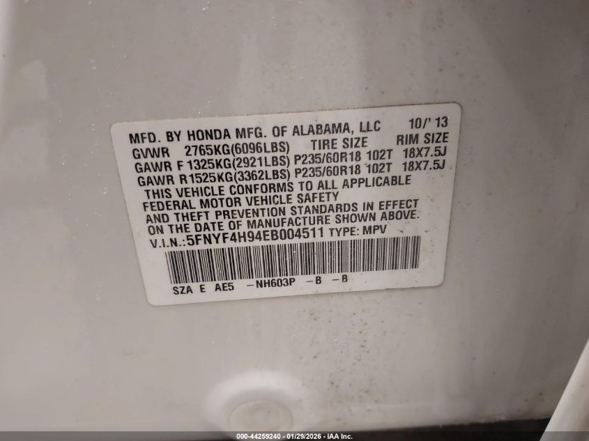 2014 Honda Pilot Touring VIN: 5FNYF4H94EB004511 Lot: 44259240