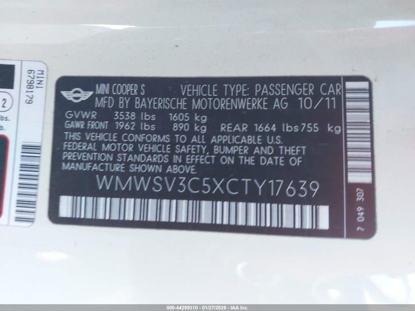 2012 Mini Cooper S VIN: WMWSV3C5XCTY17639 Lot: 44259310