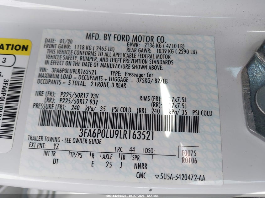 VIN 3FA6P0LU9LR163521 2020 FORD FUSION HYBRID SE