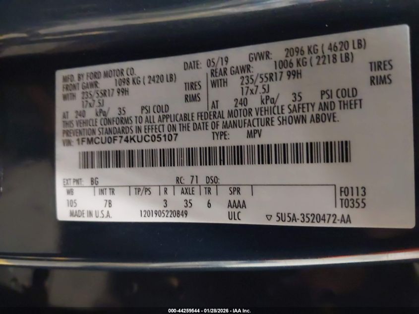 2019 Ford Escape S VIN: 1FMCU0F74KUC05107 Lot: 44259544