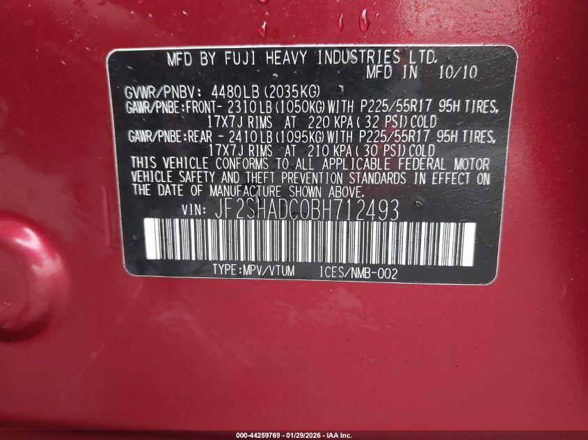 2011 Subaru Forester 2.5X Premium VIN: JF2SHADC0BH712493 Lot: 44259769