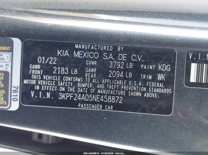 VIN 3KPF24AD5NE458872 2022 KIA FORTE LXS