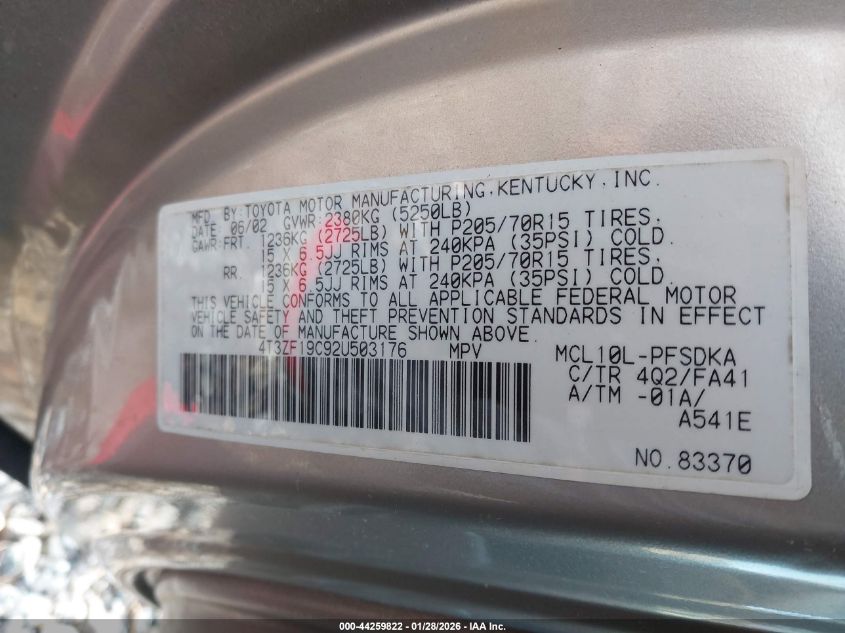 2002 Toyota Sienna Ce VIN: 4T3ZF19C92U503176 Lot: 44259822